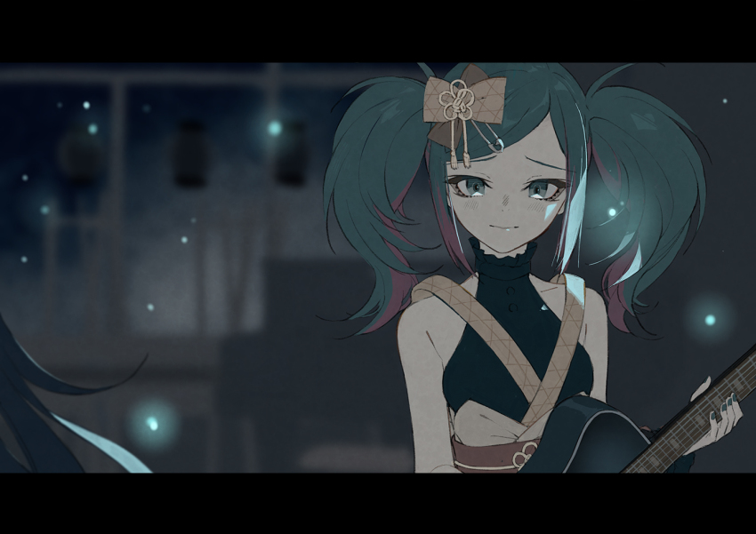 1girl, aqua_hair, aqua_nails, bare_shoulders, blurry, blurry_background, bow, breasts