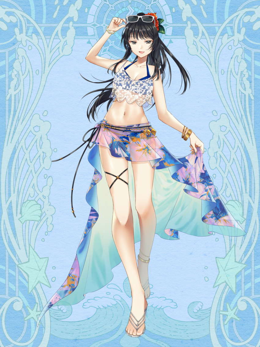 1girl, :d, anklet, bead_bracelet, beads, bikini, black_eyes, black_hair