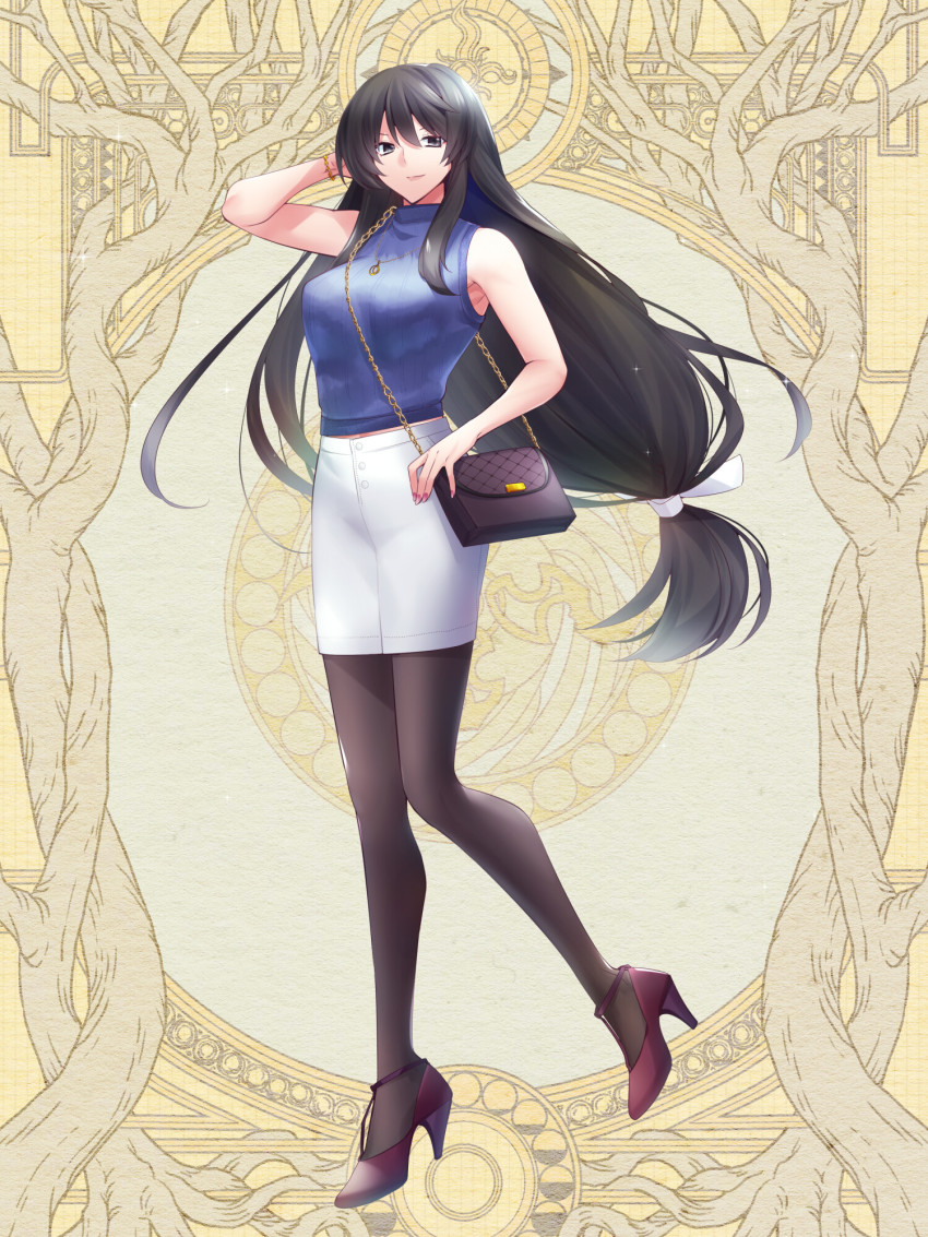 1girl, bag, black_hair, black_pantyhose, blue_shirt, bracelet, brown_footwear, commission