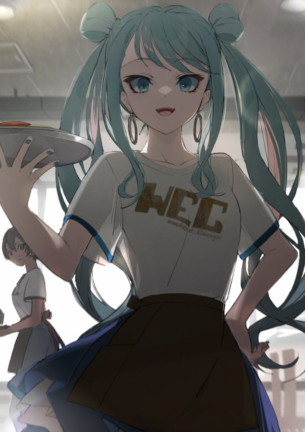 2girls, :d, apron, aqua_eyes, aqua_hair, aqua_nails, black_apron, blue_skirt, blurry, breasts, ceiling, ceiling_light, clothes_writing, cowboy_shot, day, depth_of_field, double_bun, earrings, employee_uniform, eyeliner, floating_clothes, grey_hair, hair_bun, hand_on_own_hip, hatsune_miku, highres, holding, holding_tray, hoop_earrings, indoors, jewelry, long_hair, looking_at_viewer, makeup, medium_breasts, meiko_(vocaloid), miniskirt, multicolored_hair, multiple_girls, nail_polish, open_mouth, pants, pleated_skirt, project_sekai, shirt, short_hair, short_sleeves, sidelocks, skirt, small_breasts, smile, solo_focus, streaked_hair, suzukou, swept_bangs, t-shirt, tray, twintails, very_long_hair, vivid_bad_squad_(project_sekai), vivid_bad_squad_meiko, vivid_bad_squad_miku, vocaloid, waist_apron, waitress