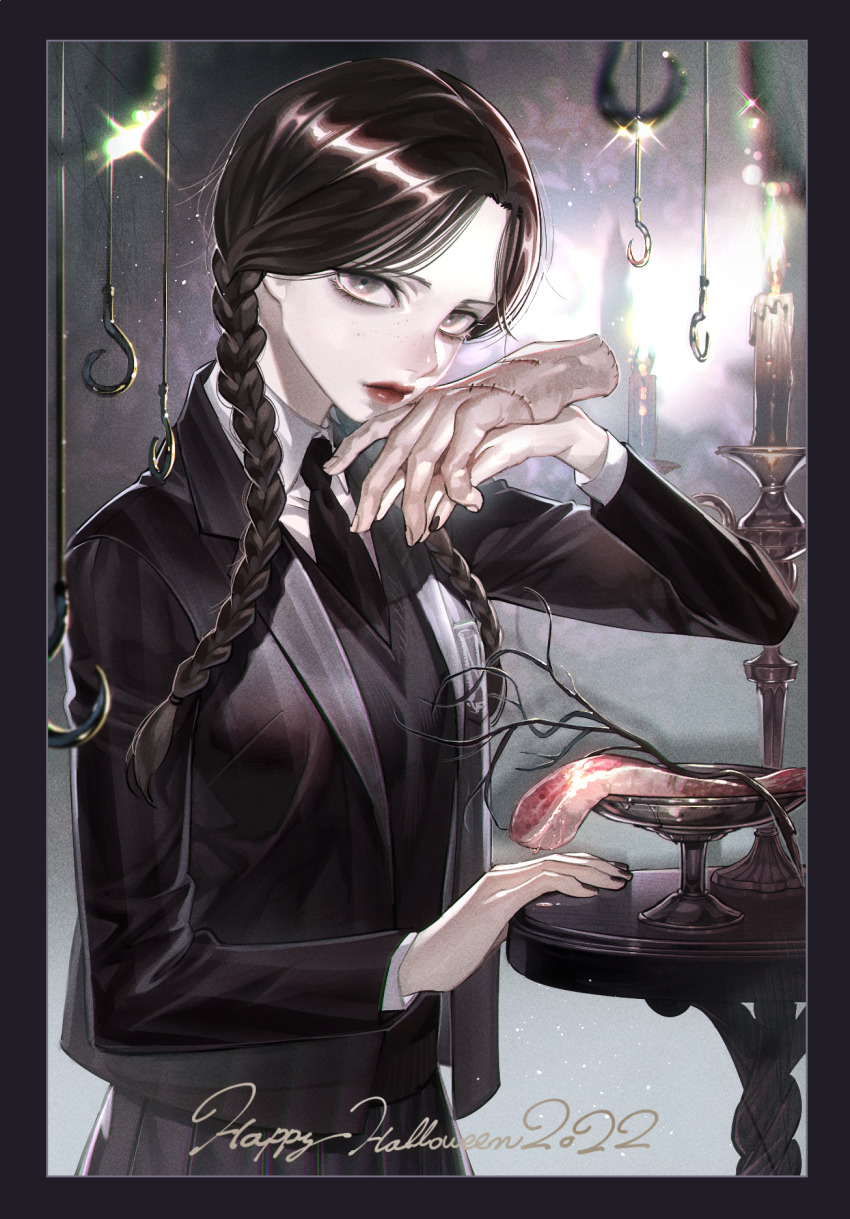 1girl, 1other, the_addams_family, animification, black_hair, braid, candle, candlestand, english_text, food, goth_fashion, grey_eyes, halloween, happy_halloween, highres, hook, newponold, school_uniform, steak, stitches, thing_(the_addams_family), wednesday_(netflix), wednesday_addams