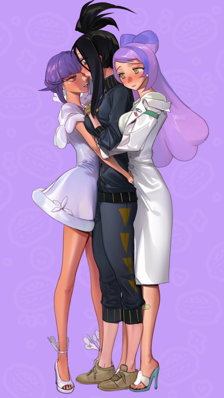 3girls, black_hair, black_jacket, blush, breasts, brown_eyes, coat, dendra_(pokemon), dress, earrings, eyelashes, girl_sandwich, gloves, green_eyes, high_heel_sandals, high_heels, highres, hug, jacket, jewelry, lab_coat, large_breasts, long_hair, long_sleeves, medium_breasts, miriam_(pokemon), multicolored_hair, multiple_girls, nintendo, open_clothes, open_coat, pants, pokemon, pokemon_scarlet_and_violet, ponytail, purple_background, purple_hair, sandals, sandwiched, shiro_(shirohakura), track_jacket, tulip_(pokemon), two-tone_hair, white_coat, white_footwear, yuri