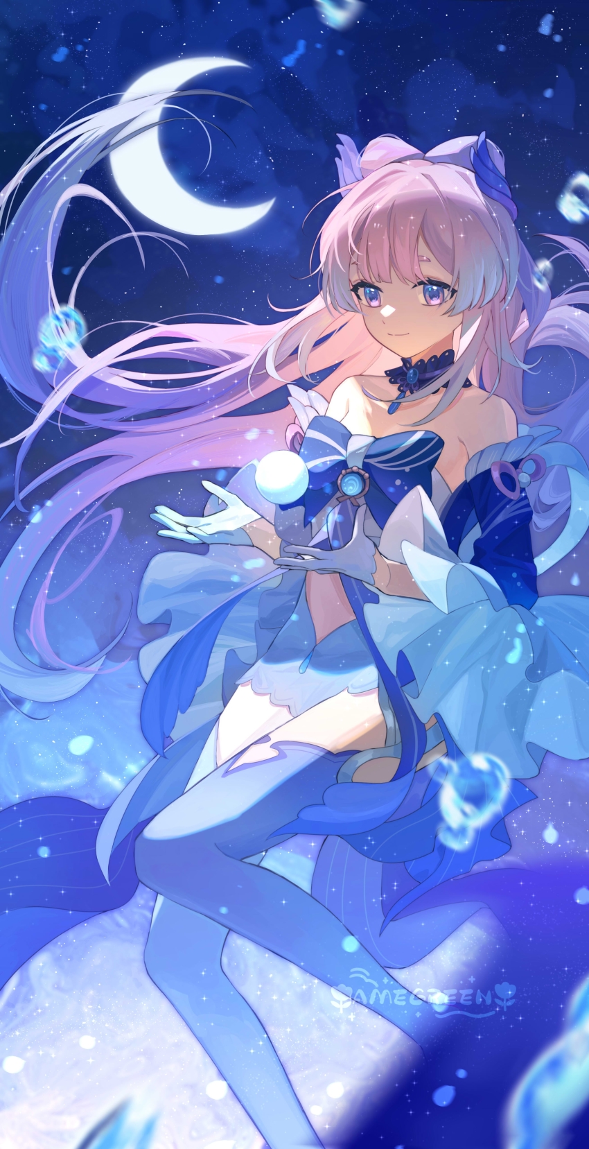 1girl, absurdres, amegreen, bare_shoulders, blue_eyes, blunt_bangs, closed_mouth, crescent_moon