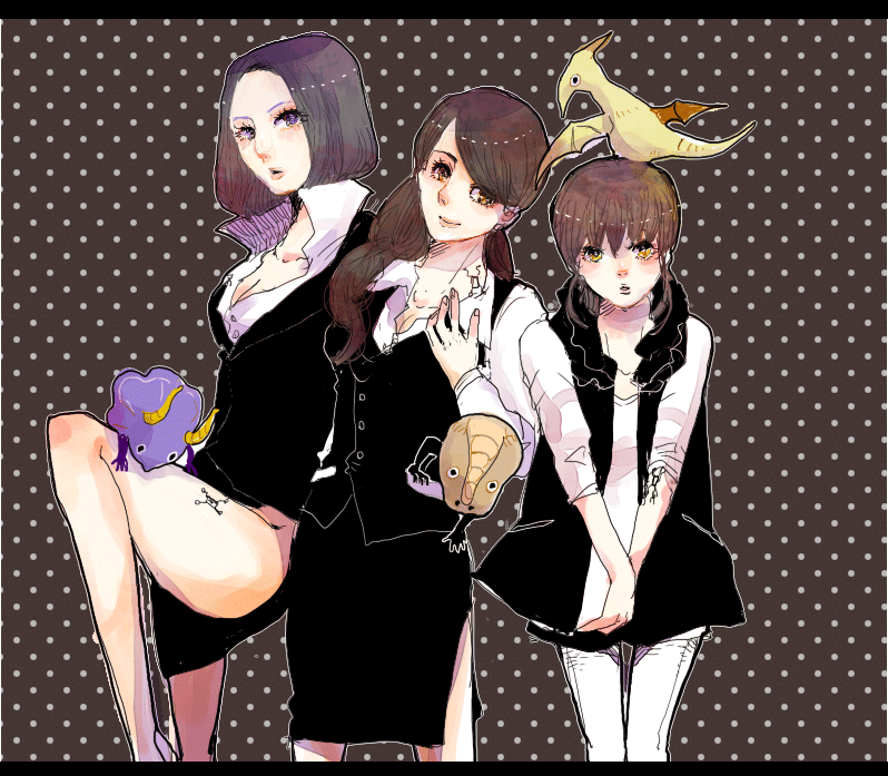 3girls, black_hair, black_skirt, black_vest, breasts, brown_eyes, buttons, cleavage, closed_mouth, collarbone, creature, dinosaur, head_tilt, horns, kamen_rider, kamen_rider_w, kujou_aya, leg_up, lips, long_hair, looking_at_viewer, medium_breasts, multiple_girls, munagro, open_mouth, pantyhose, polka_dot, polka_dot_background, purple_eyes, shimamoto_nagi, shirt, side_slit, skirt, three-quarter_sleeves, smile, standing, standing_on_one_leg, swept_bangs, thigh_gap, tsumura_marina, v_arms, vest, white_legwear, white_shirt, yellow_eyes