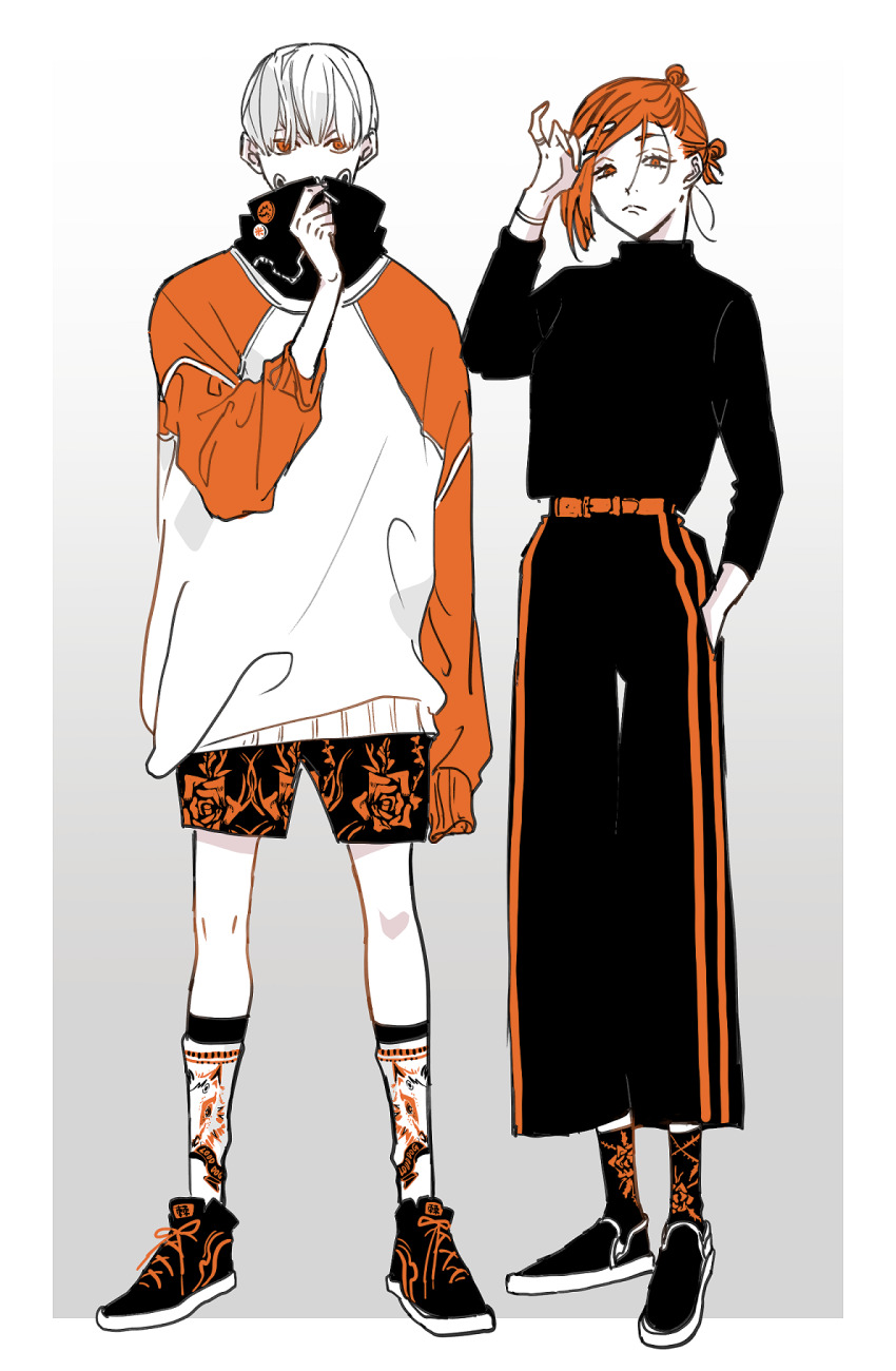 1boy, 1girl, adjusting_hair, adjusting_scarf, alternate_hairstyle, arm_at_side, belt, black_footwear, black_pants, black_scarf, black_socks, black_sweater, bracelet, covered_mouth, floral_print, full_body, gradient_background, grey_background, hair_bun, hand_in_pocket, hand_up, highres, inumaki_toge, jewelry, jujutsu_kaisen, kneehighs, kugisaki_nobara, long_sleeves, monochrome, orange_eyes, orange_hair, orange_theme, pants, print_legwear, print_shorts, print_socks, rose_print, scarf, shoes, shorts, sleeves_past_fingers, sleeves_past_wrists, sneakers, socks, socks_over_kneehighs, standing, sweater, track_pants, turtleneck, turtleneck_sweater, updo, white_hair, white_socks, wolf_print, yuz46, zipper