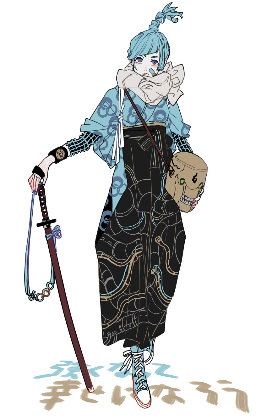 1girl, bandaid, bandaid_on_face, black_hakama, blue_eyes, blue_hair, blue_kimono, blue_nails, blue_shoes, chain, closed_mouth, cosplay, cross-laced_footwear, diagonal_bangs, drum, fishnets, frown, full_body, hakama, highres, holding, holding_sword, holding_weapon, instrument, japanese_clothes, jujutsu_kaisen, katana, kimono, layered_sleeves, long_sleeves, looking_at_viewer, mask, miwa_kasumi, muta_kokichi, muta_kokichi_(cosplay), nail_polish, outstretched_arm, ribbon, sash, shoes, short_over_long_sleeves, short_sleeves, solo, standing, sword, tasuki, topknot, unmoving_pattern, unworn_mask, weapon, white_background, wristband, yuz46