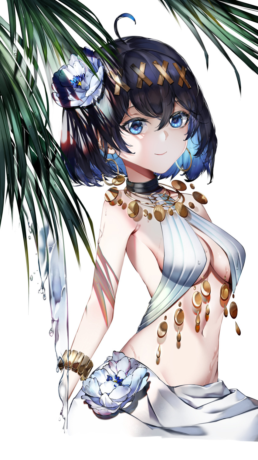 absurdres, arabian_clothes, blue_hair, breasts, dress, earrings, harem_outfit, highres