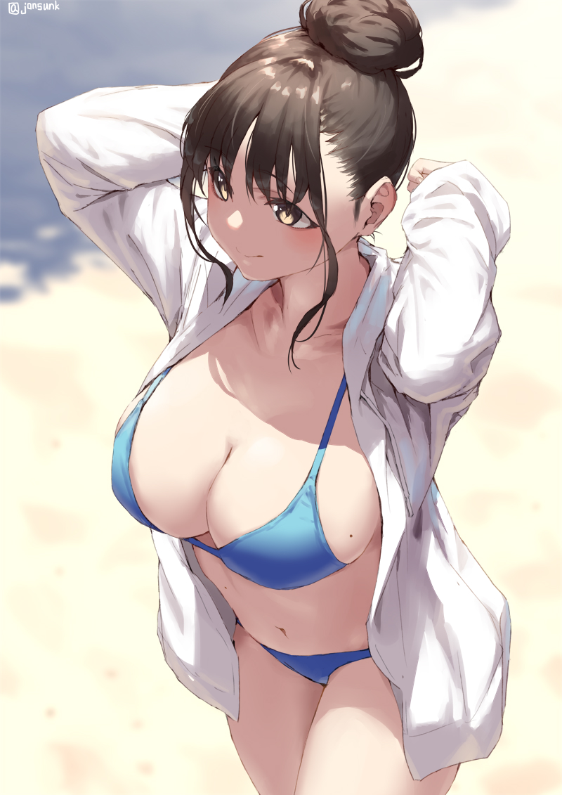 1girl, arms_behind_head, aya_(jonsun), beach, bikini, blue_bikini, breasts, brown_eyes, brown_hair, closed_mouth, collarbone, commentary_request, from_above, hair_bun, jacket, jonsun, large_breasts, looking_away, mole, mole_on_breast, navel, open_clothes, open_jacket, original, sand, short_hair, sidelocks, single_hair_bun, smile, solo, swimsuit, twitter_username, white_jacket