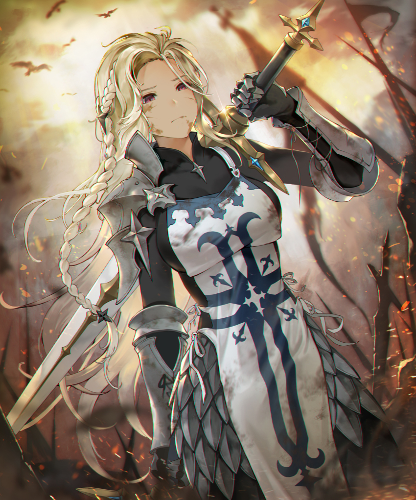1girl, absurdres, arm_behind_back, armor, armored_dress, black_bodysuit, blonde_hair, blurry, blurry_background, bodysuit, braid, closed_mouth, cloud, commentary, dirty, dirty_clothes, dirty_face, dot_nose, dress, dutch_angle, fire, forehead, frown, gauntlets, highres, holding, holding_sword, holding_weapon, knight, minj_kim, multicolored_hair, original, outdoors, planted, planted_sword, planted_weapon, red_eyes, shoulder_armor, solo, sparkle, streaked_hair, sword, untranslatable_commentary, two-tone_hair, war, weapon, white_hair