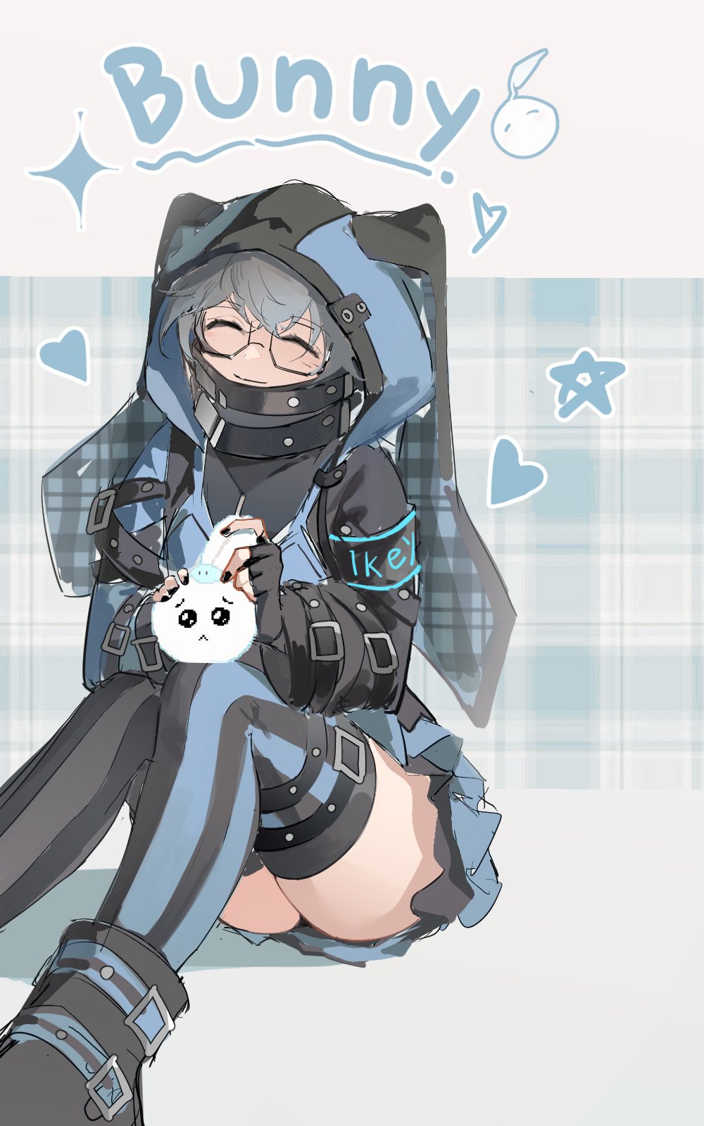 1boy, animal_hood, blue_thighhighs, boots, character_name, closed_eyes, cosplay, crossdressing