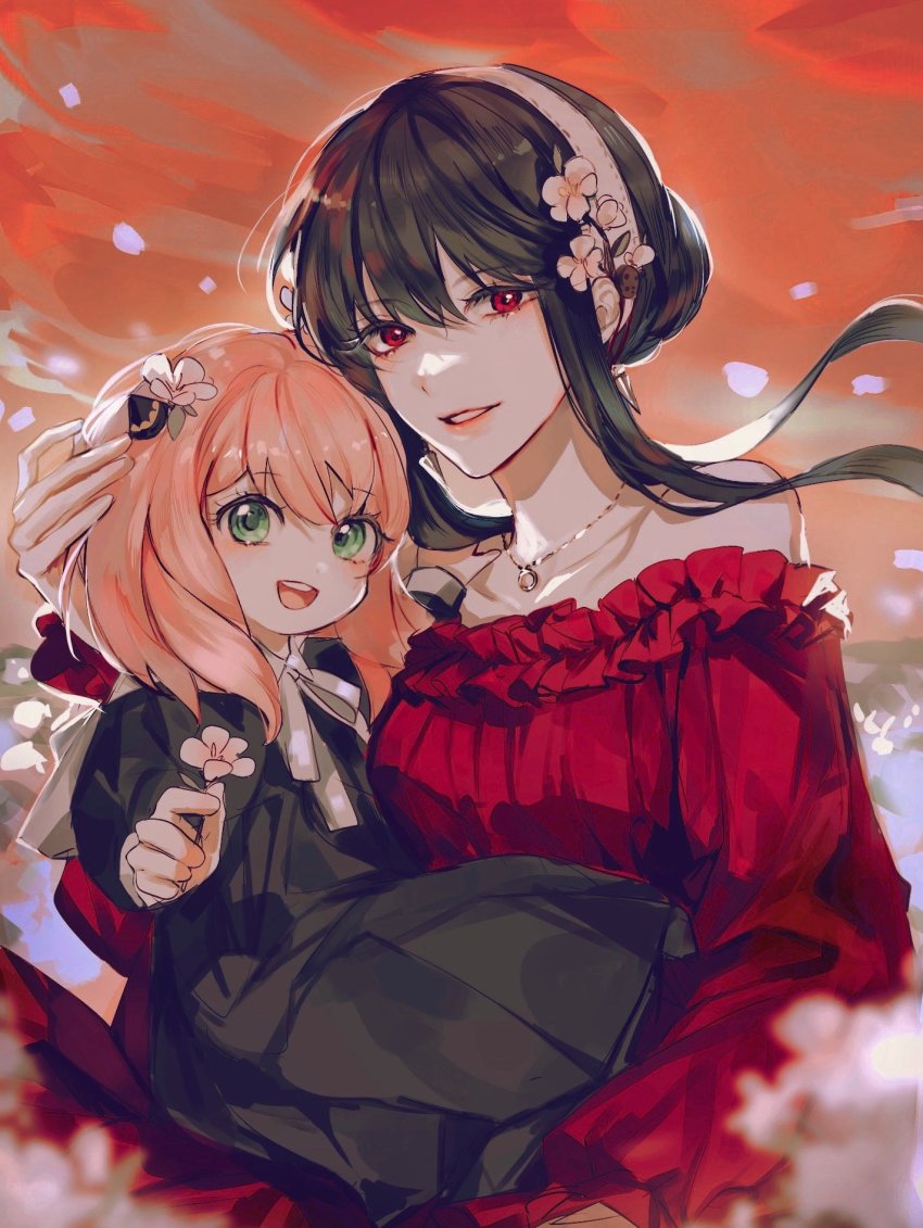 2girls, adoptive_parent_and_adoptive_child, anya_(spy_x_family), bare_shoulders, black_hair, child, dress, evl_1230