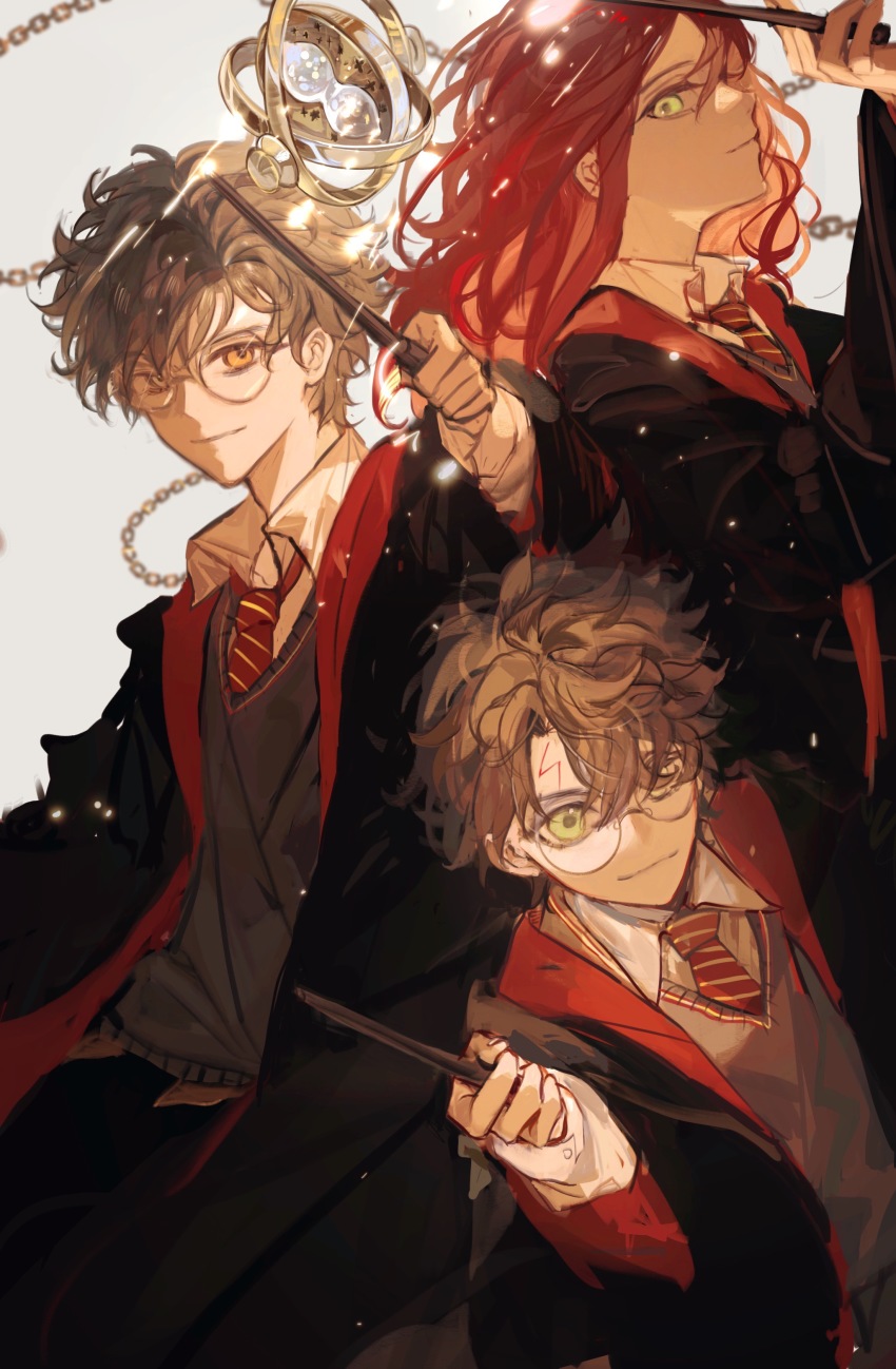 1girl, 2boys, absurdres, black_coat, brown_hair, chain, closed_mouth, coat