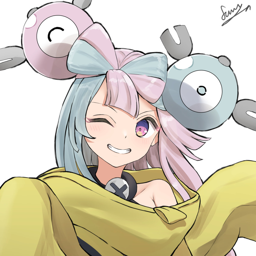 1girl, armpits, bow-shaped_hair, character_hair_ornament, farat0827, hair_ornament, highres, iono_(pokemon)