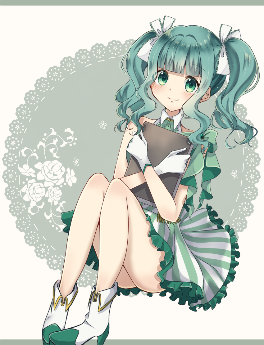 1girl, aqua_gem, aqua_hair, blunt_bangs, blush, boots, closed_mouth, collared_shirt