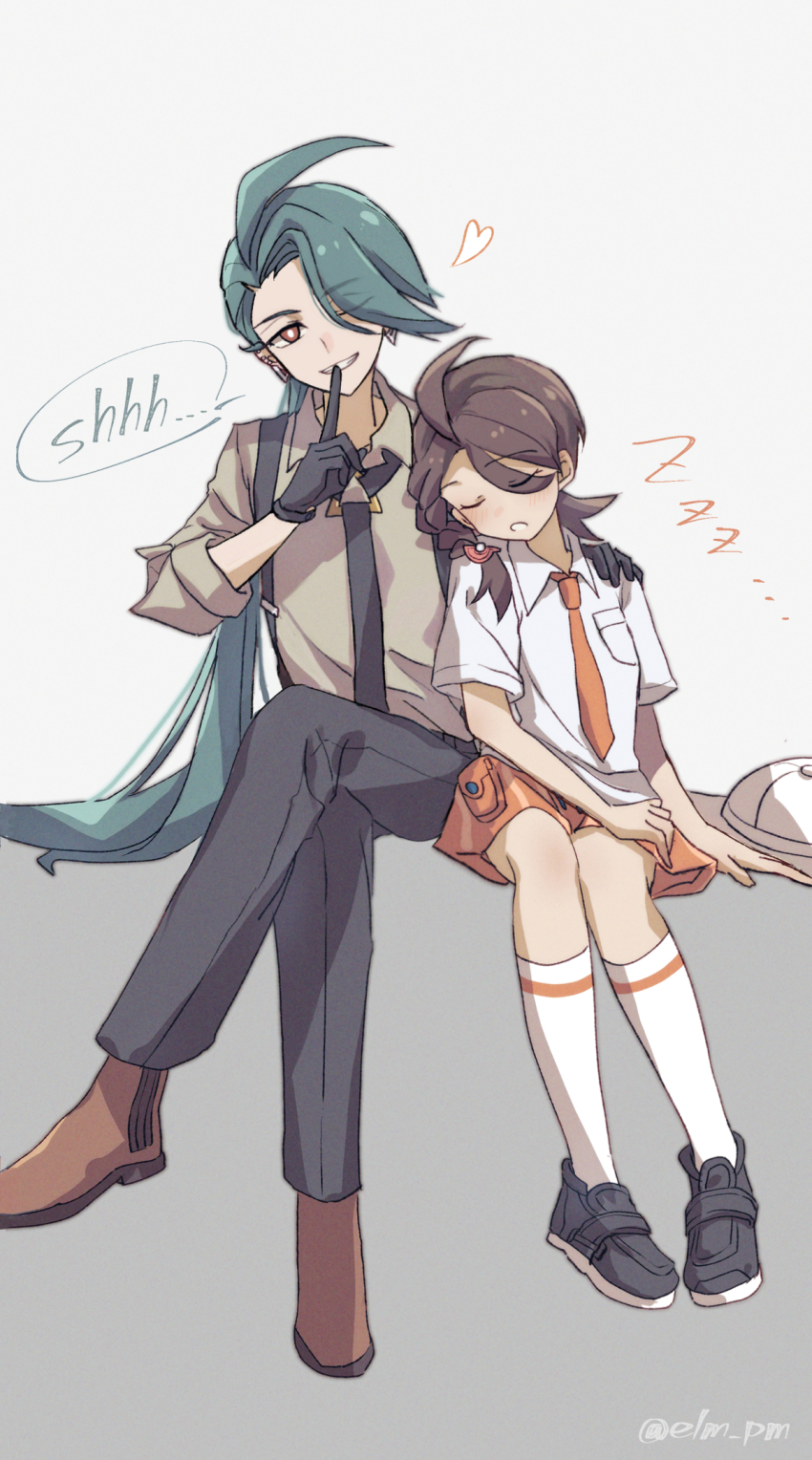 2girls, age_difference, black_footwear, black_necktie, black_pants, braid, breast_pocket, bright_pupils, brown_footwear, brown_hair, closed_eyes, collared_shirt, commentary_request, crossed_legs, earrings, finger_to_mouth, gloves, green_hair, grin, hand_on_another's_shoulder, hand_up, hat, head_tilt, heart, highres, index_finger_raised, jewelry, juliana_(pokemon), long_hair, looking_at_viewer, multiple_girls, nanashino_(7shino_gs), necktie, nintendo, one_eye_closed, onee-loli, orange_necktie, orange_shorts, pants, parted_lips, pocket, pokemon, pokemon_scarlet_and_violet, red_eyes, rika_(pokemon), shirt, shoes, shorts, shushing, sleeping, smile, socks, unworn_hat, unworn_headwear, white_pupils, white_socks, yuri, zzz