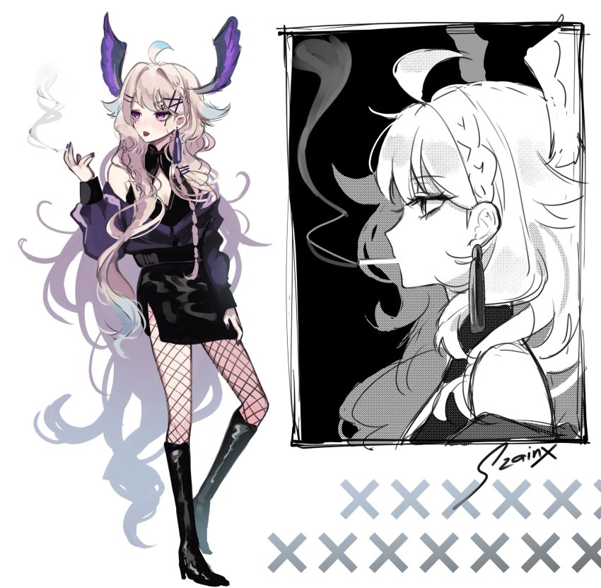 1girl, ahoge, alternate_costume, bare_shoulders, bird_girl, black_dress, black_eyeshadow, black_footwear