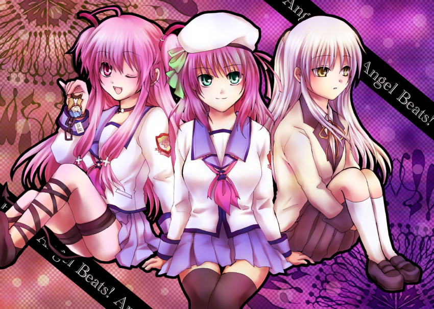 10s, 3girls, ahoge, angel_beats!, bad_id, bad_pixiv_id, belt, black_socks, black_thighhighs, blazer, choker, cross, demon_tail, fang, green_eyes, hair_ribbon, hairband, hat, jacket, kitamura_yuuka, kneehighs, long_hair, multiple_girls, one_eye_closed, pink_eyes, pink_hair, purple_hair, ribbon, school_uniform, short_hair, short_twintails, silver_hair, sitting, skirt, smile, socks, tail, tenshi_(angel_beats!), thigh_strap, thighhighs, twintails, two_side_up, wink, yellow_eyes, yui_(angel_beats!), nakamura_yuri, zettai_ryouiki
