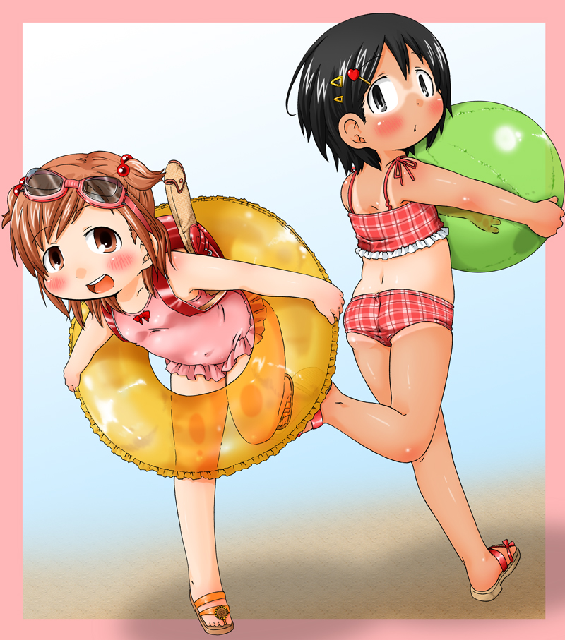 2girls, :d, armpits, backpack, bag, ball, beachball, bikini, black_eyes, black_hair, blush, brown_eyes, brown_hair, casual_one-piece_swimsuit, child, covered_navel, denki_(digi6598), flat_chest, framed, frilled_swimsuit, frills, goggles, goggles_on_head, hair_bobbles, hair_ornament, hairclip, hino_kaoru_(mitsudomoe), innertube, looking_at_viewer, mitsudomoe_(manga), mitsumine_megu, multiple_girls, one-piece_swimsuit, one-piece_tan, open_mouth, outside_border, pink_one-piece_swimsuit, randoseru, sandals, short_hair, short_twintails, skindentation, smile, swim_ring, swimsuit, tan, tankini, tanline, twintails
