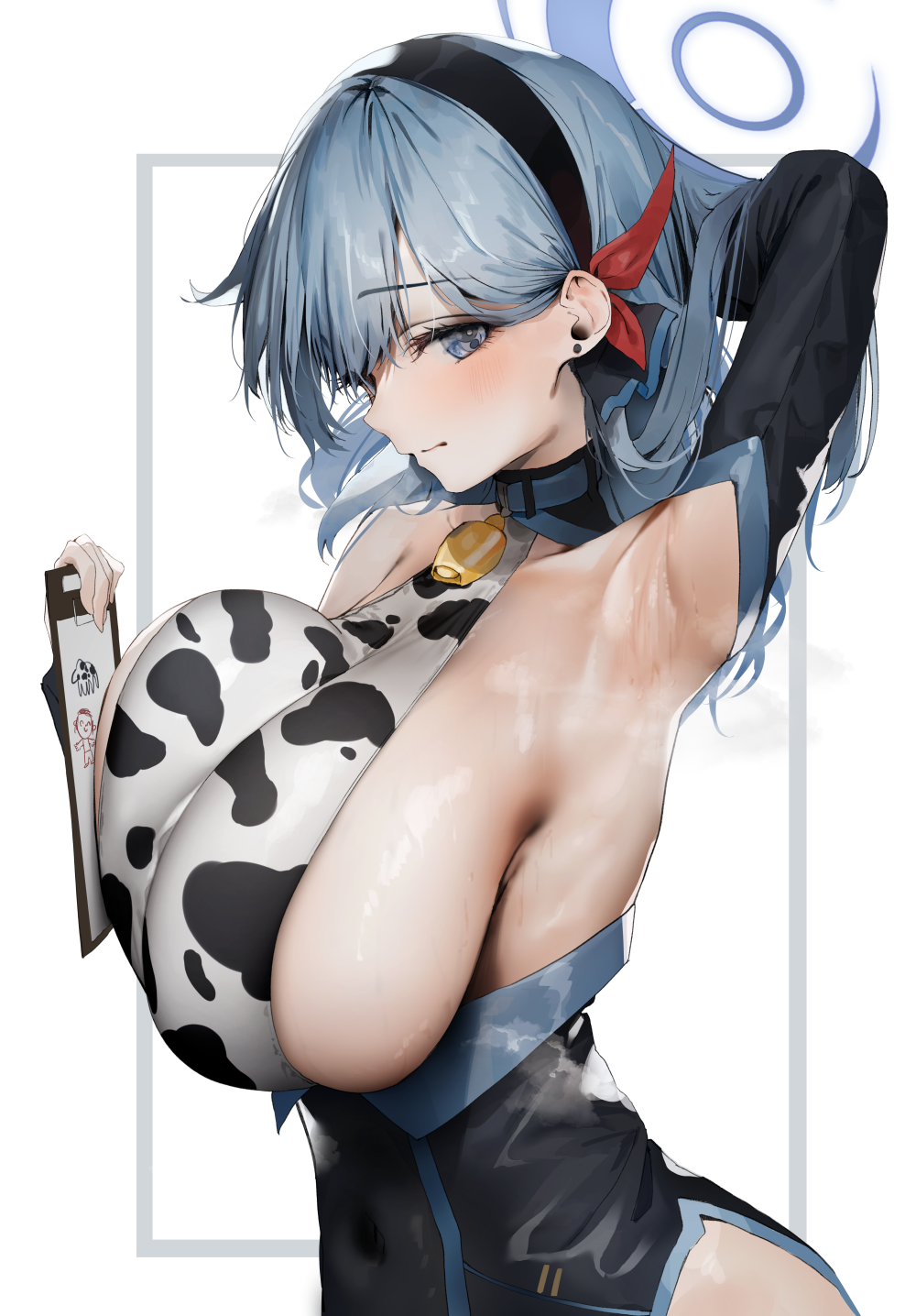 1girl, ako_(blue_archive), alternate_costume, animal_collar, animal_print, arched_back, arm_above_head, arm_behind_head