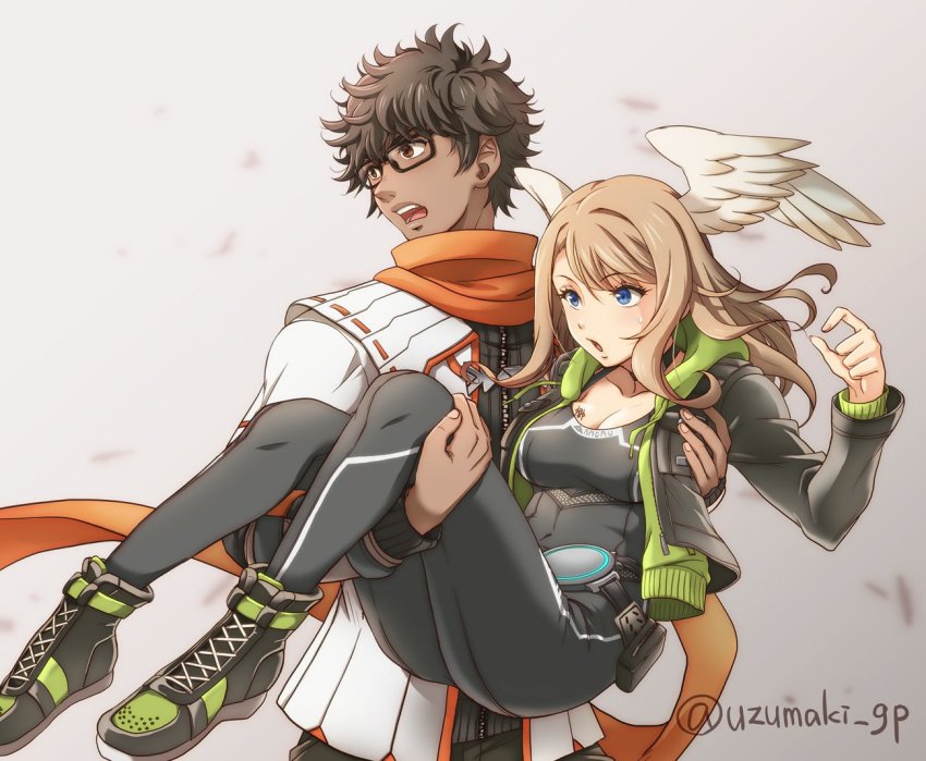 1boy, 1girl, black_bodysuit, black_choker, black_jacket, blue_eyes, bodysuit, breast_tattoo