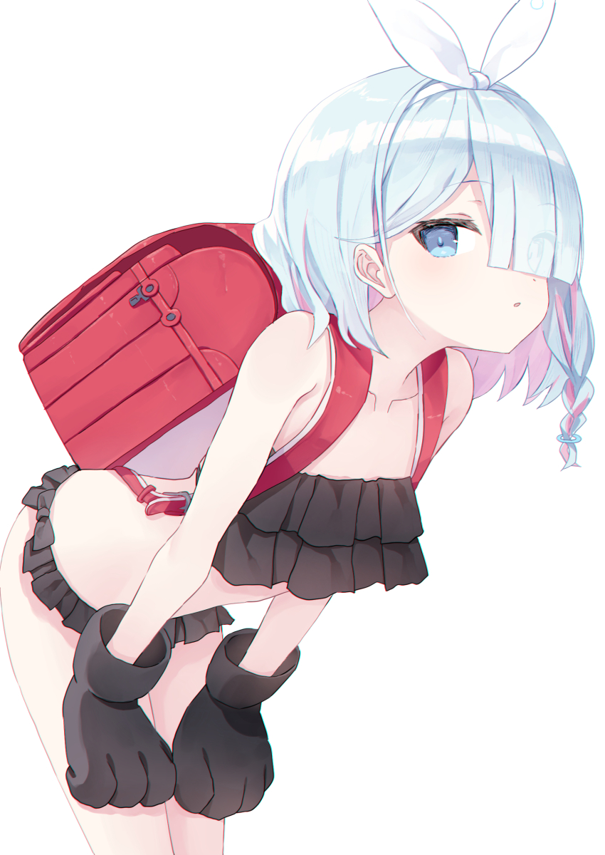 1girl, animal_hands, arona_(blue_archive), backpack, bag, bent_over, bikini, black_bikini, blue_archive, blue_eyes, blue_hair, braid, collarbone, eyes_visible_through_hair, frilled_bikini, frills, gloves, hair_over_one_eye, hairband, highres, looking_at_viewer, multicolored_hair, paw_gloves, pink_hair, randoseru, short_hair, simple_background, single_braid, solo, swimsuit, two-tone_hair, usamiusamimii, white_background, white_hairband