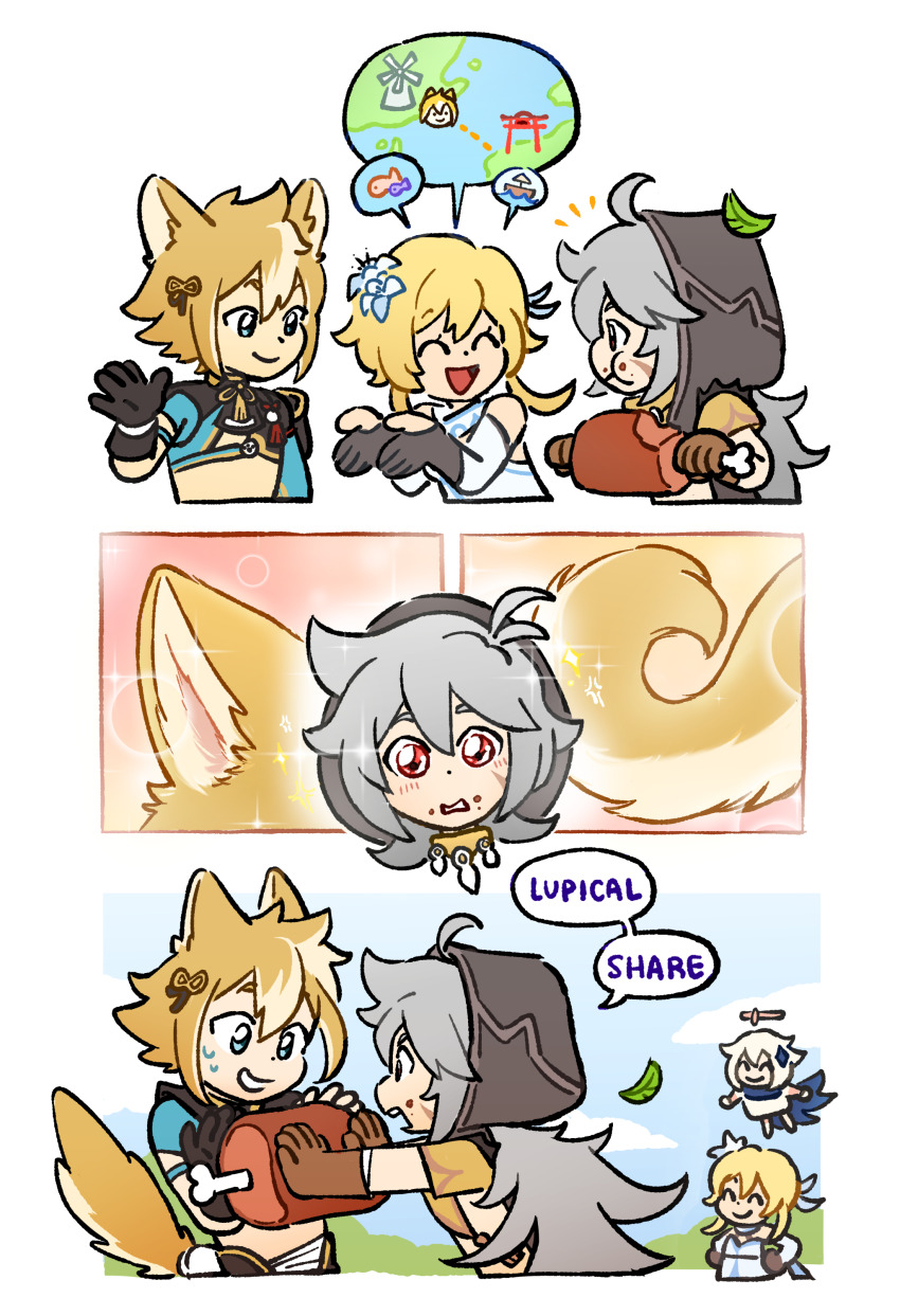 2boys, 2girls, absurdres, ahoge, animal_ears, blonde_hair, brown_gloves, brown_hair, comic, dog_boy, dog_ears, dog_tail, english_text, food, genshin_impact, gloves, goodluckjoy, gorou_(genshin_impact), grey_hair, hair_between_eyes, highres, igote, leaf, lumine_(genshin_impact), meat, multiple_boys, multiple_girls, open_mouth, paimon_(genshin_impact), razor_(genshin_impact), red_eyes, scar, scar_on_face, smile, sparkling_eyes, speech_bubble, tail, white_hair