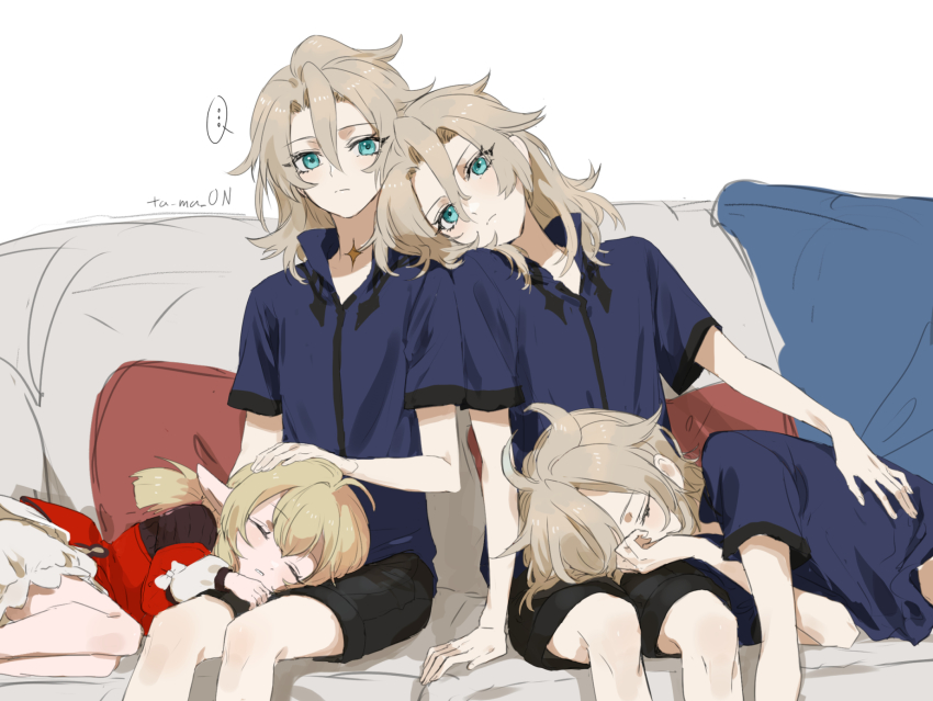 ..., 1girl, 3boys, ahoge, albedo_(genshin_impact), aqua_eyes, artist_name, black_shirt