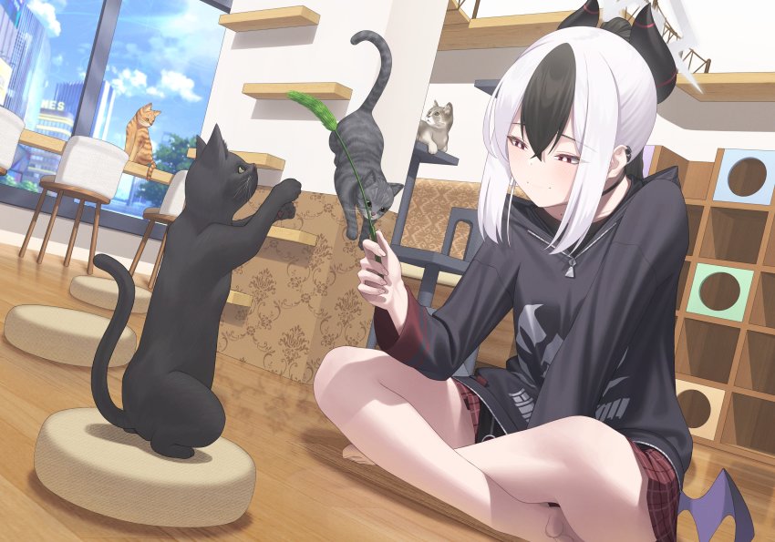 1girl, absurdres, barefoot, bintz, black_choker, black_hair, black_hoodie, blue_archive