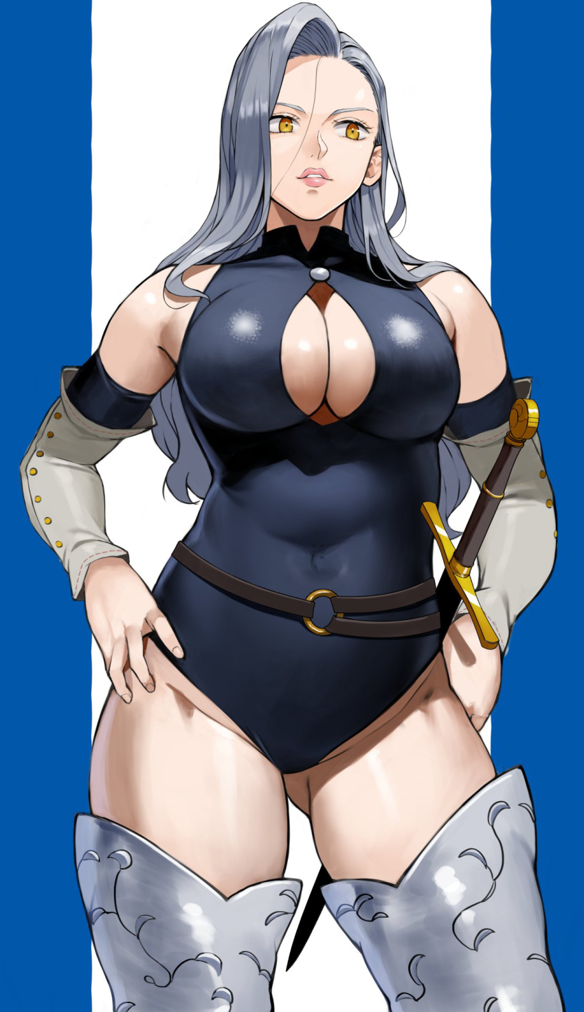 1girl, armored_boots, bare_shoulders, belt, blue_hair, blue_leotard, boots, breasts