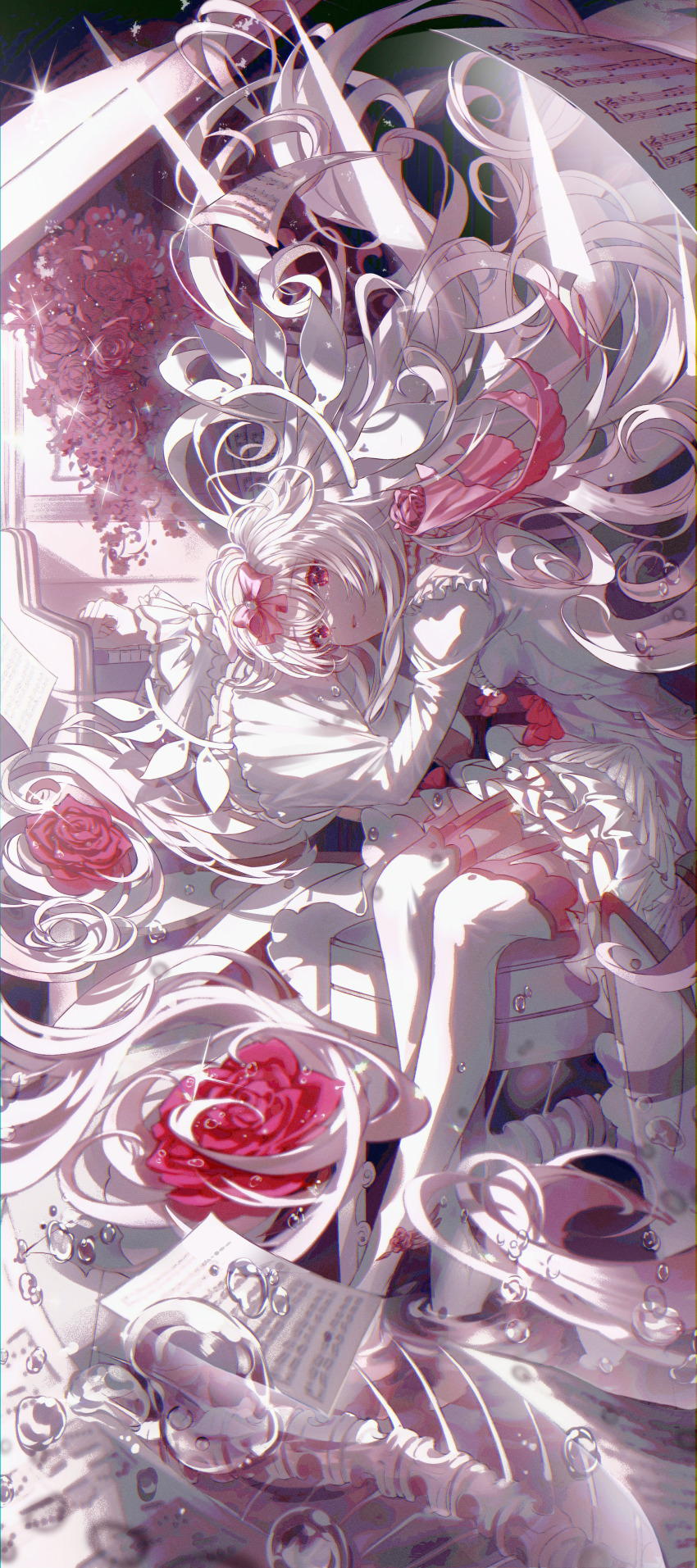 1girl, absurdres, arcaea, bow, bubble, dress, flower, full_body