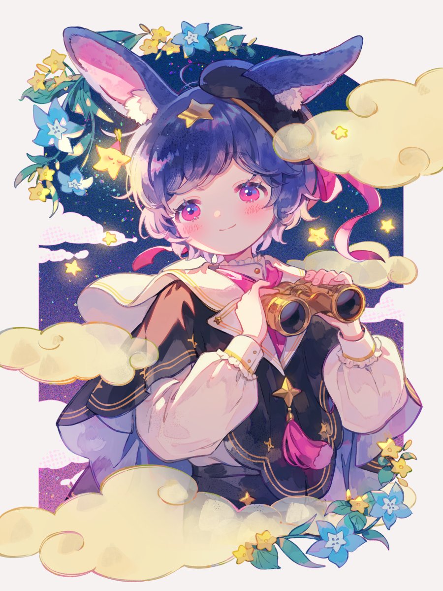 1girl, ahoge, animal_ear_fluff, animal_ears, binoculars, black_cape, blue_flower, border