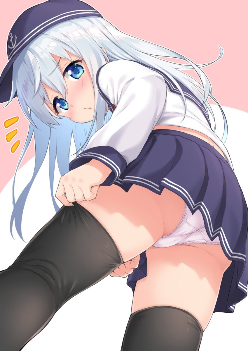 adjusting_clothes, adjusting_legwear, anchor_symbol, black_thighhighs, blue_eyes, cameltoe, flat_cap, from_below, hat, hibiki_(kancolle), highres, kantai_collection, long_hair, long_sleeves, panties, pantyshot, school_uniform, serafuku, takoyaki_(takoyaki-batake), thighhighs, underwear, white_hair, white_panties