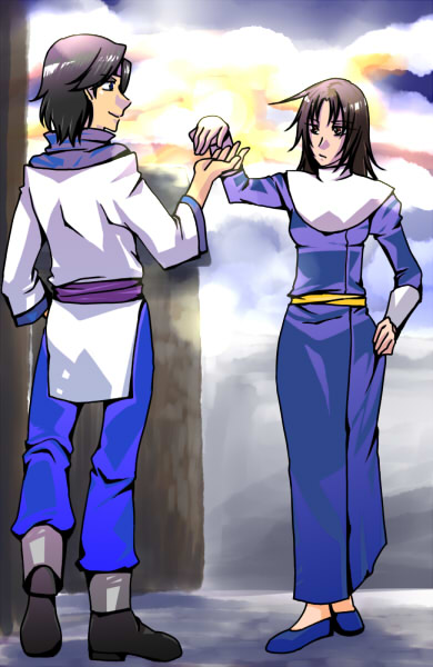 1boy, 1girl, black_hair, brown_eyes, brown_hair, character_request, dress, gensou_suikoden