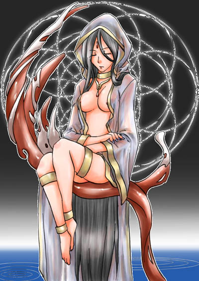 1girl, anklet, barefoot, black_hair, breasts, choker, cleavage, closed_eyes, feet, female_focus, gensou_suikoden, gensou_suikoden_i, gensou_suikoden_ii, gensou_suikoden_iii, gensou_suikoden_iv, gensou_suikoden_v, hood, jewelry, leknaat, long_hair, miyaky, open_clothes, open_robe, robe, sitting, solo