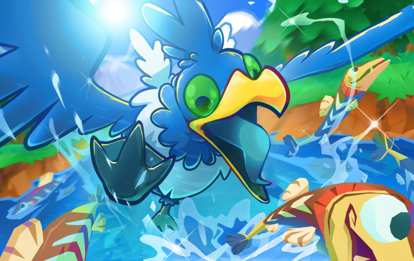 arrokuda, bird, commentary, cramorant, day, fish, gen_8_pokemon, grass