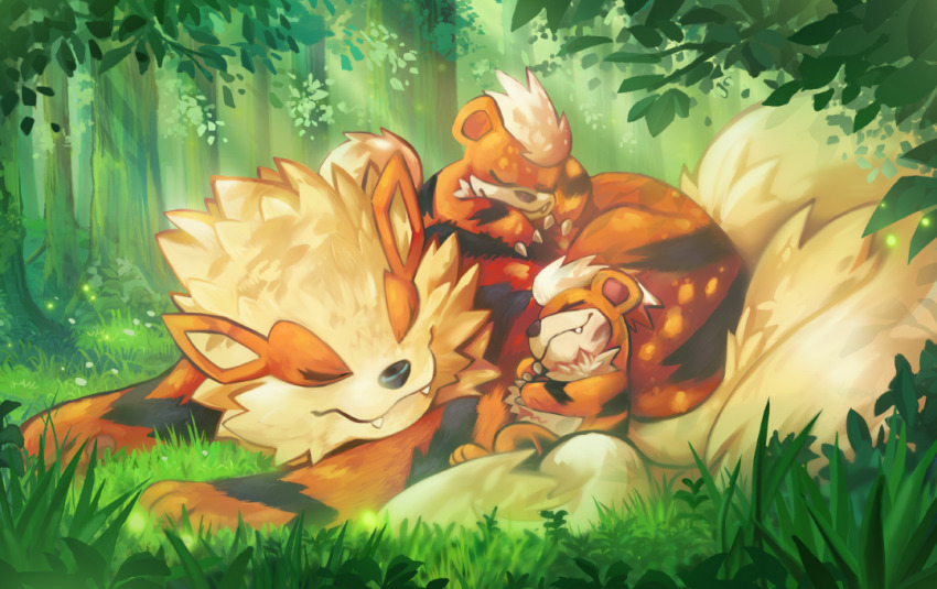 arcanine, claws, closed_eyes, closed_mouth, commentary, day, evolutionary_line, fangs