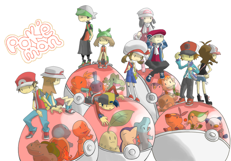 00s, 10s, 5boys, 5girls, :<, alternate_costume, backpack, backwards_hat, bad_id, bad_pixiv_id, bag, bandana, baseball_cap, beanie, beret, bike_shorts, black_hair, boots, brendan_(pokemon), brendan_(pokemon_emerald), brown_hair, bulbasaur, newsboy_cap, charmander, chikorita, chimchar, cyndaquil, dawn_(pokemon), denim, english_text, ethan_(pokemon), everyone, fire, flame-tipped_tail, garakuta_(15354423), gen_1_pokemon, gen_2_pokemon, gen_3_pokemon, gen_4_pokemon, gen_5_pokemon, gloves, happy, hat, hilbert_(pokemon), hilda_(pokemon), jacket, jeans, kageta_yu, leaf_(pokemon), looking_down, looking_up, lucas_(pokemon), lyra_(pokemon), may_(pokemon), may_(pokemon_emerald), mudkip, multiple_boys, multiple_girls, nintendo, oshawott, overalls, pants, piplup, poke_ball, pokegear, pokemon, pokemon_(creature), pokemon_black_and_white, pokemon_diamond/pearl/platinum, pokemon_firered_and_leafgreen, pokemon_heartgold_and_soulsilver, pokemon_ruby/sapphire/emerald, ponytail, popped_collar, porkpie_hat, randoseru, red_(pokemon), red_(pokemon_frlg), scarf, shorts, simple_background, sitting, skirt, smile, snivy, socks, squirtle, starter_pokemon_trio, tail, tepig, thighhighs, torchic, totodile, treecko, turtwig, twintails, white_thighhighs, winter_clothes, wristband, zettai_ryouiki