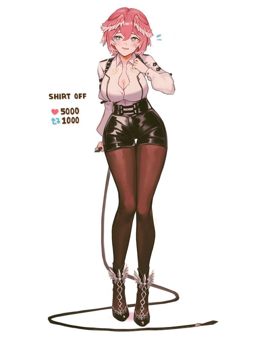 1girl, black_pantyhose, black_shoes, black_shorts, blue_eyes, breasts, bright_pupils, cleavage, collared_shirt, commentary, english_commentary, english_text, flying_sweatdrops, full_body, hair_between_eyes, head_wings, high-waist_shorts, highres, hololive, large_breasts, long_sleeves, pantyhose, pantyhose_under_shorts, pink_hair, renkkai, shirt, shoes, short_shorts, shorts, simple_background, solo, takane_lui, takane_lui_(1st_costume), thigh_gap, twitter_strip_game, virtual_youtuber, whip, white_background, white_shirt, wing_collar, wings