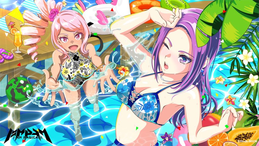 2girls, artist_request, bikini, breasts, cleavage, drill_hair, highres, large_breasts