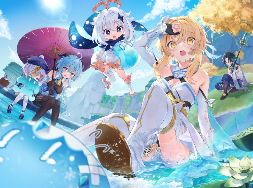 1boy, 4girls, ahoge, aqua_hair, arm_at_side, arm_up, arms_up, asymmetrical_legwear, bandages, bare_shoulders, bell, black_bodysuit, black_footwear, blonde_hair, blue_gloves, blue_hair, blue_pants, blurry, blurry_foreground, bodysuit, bokeh, braid, breasts, charm_(object), cleavage, closed_eyes, closed_mouth, cloud, coconut, commentary, crossed_legs, crying, crying_with_eyes_open, curled_fingers, depth_of_field, detached_sleeves, dot_nose, dress, drinking_straw, facial_mark, floating, flying_sweatdrops, food, forehead_mark, fruit, fruit_as_cup, full_body, ganyu_(genshin_impact), genshin_impact, gintama_10102, gloves, goat_horns, gold_trim, hair_between_eyes, halo, hat, highres, holding, holding_polearm, holding_umbrella, holding_weapon, horns, hug, injury, jiangshi, knees_together_feet_apart, lily_pad, long_hair, looking_at_another, lumine_(genshin_impact), medium_breasts, medium_hair, melon, mountain, multiple_girls, neck_bell, ofuda, oil-paper_umbrella, open_mouth, outdoors, paimon_(genshin_impact), pants, parted_bangs, polearm, purple_eyes, purple_hair, qiqi_(genshin_impact), rainbow, romper, shadow, shy, sitting, slime_(genshin_impact), spear, sun, sweat, tears, teeth, thighhighs, thighs, tree, umbrella, uneven_legwear, upper_teeth_only, weapon, white_dress, white_hair, white_romper, white_thighhighs, xiao_(genshin_impact), yellow_eyes, yen