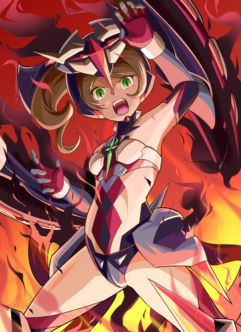 1girl, bare_shoulders, bodysuit, brown_hair, fire, green_eyes, headgear, headphones