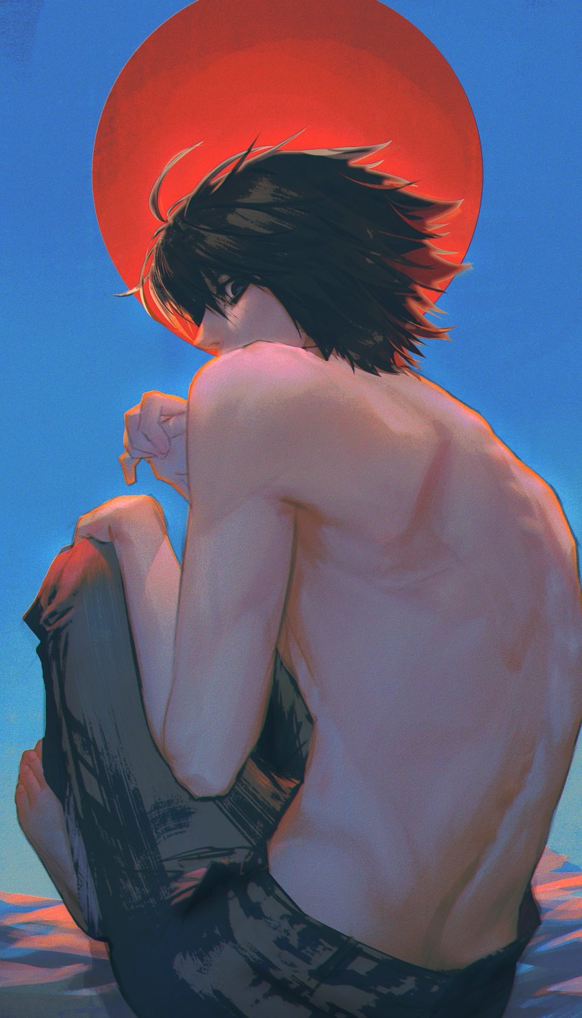 1boy, absurdres, ahoge, baggy_pants, barefoot, black_eyes, black_hair, blue_background