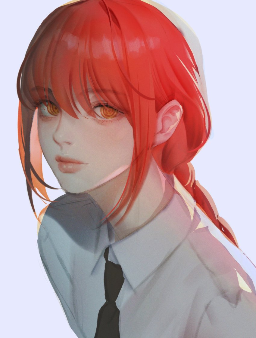 1girl, black_necktie, braid, chainsaw_man, closed_mouth, collared_shirt, grey_background, hair_between_eyes