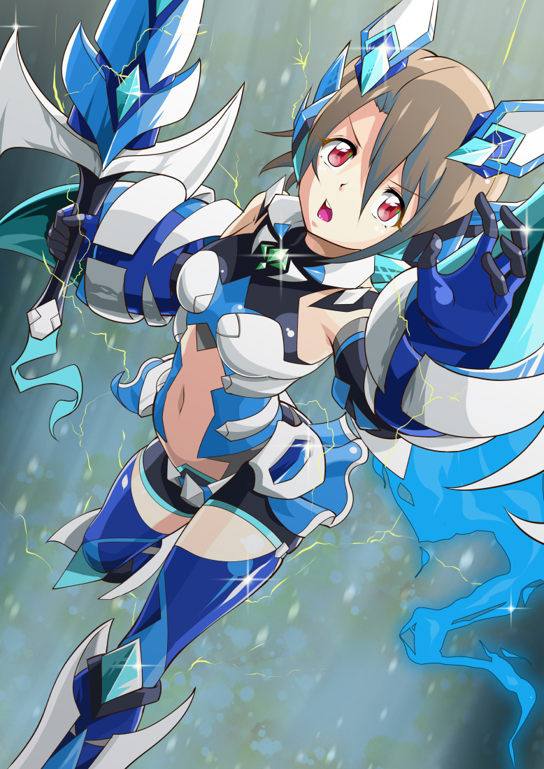 1girl, andou_kuriyo, bodysuit, breasts, brown_hair, headgear, headphones, holding