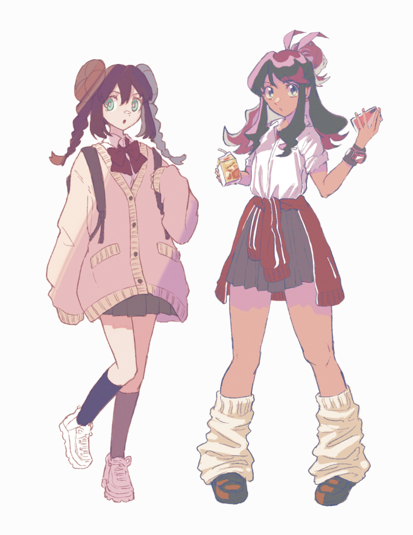 2girls, :o, alternate_costume, alternate_hairstyle, antenna_hair, aqua_eyes, blue_eyes, blue_socks