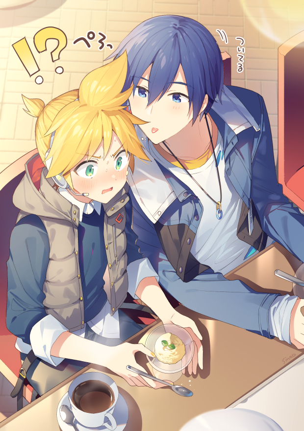 !?, 2boys, :p, blonde_hair, blue_eyes, blue_hair, blush, cafe, coffee, collared_shirt, food, headset, ice_cream, jacket, kagamine_len, kaito_(vocaloid), multiple_boys, ponytail, shirt, short_hair, short_ponytail, sinaooo, tongue, tongue_out, vest, vivid_bad_squad_kaito, vivid_bad_squad_len, vocaloid, white_shirt, yaoi