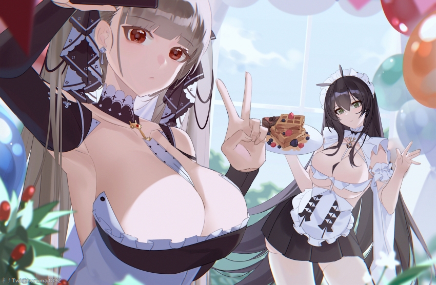 2girls, apron, azur_lane, balloon, between_breasts, black_dress, black_hair, black_nails, black_skirt, blueberry, breasts, cleavage, contrapposto, detached_collar, dress, food, formidable_(azur_lane), frilled_apron, frilled_dress, frills, fruit, green_eyes, grey_hair, hair_ribbon, highres, holding, holding_plate, huge_breasts, indomitable_(azur_lane), indomitable_(ms._motivationless_maid)_(azur_lane), kuruma1892, large_breasts, long_hair, looking_at_viewer, maid_headdress, miniskirt, multiple_girls, nail_polish, necktie, necktie_between_breasts, official_alternate_costume, pantyhose, plate, red_eyes, ribbon, skirt, strawberry, twintails, two-tone_dress, two-tone_ribbon, upper_body, v, very_long_hair, waffle, white_apron, white_dress, white_pantyhose