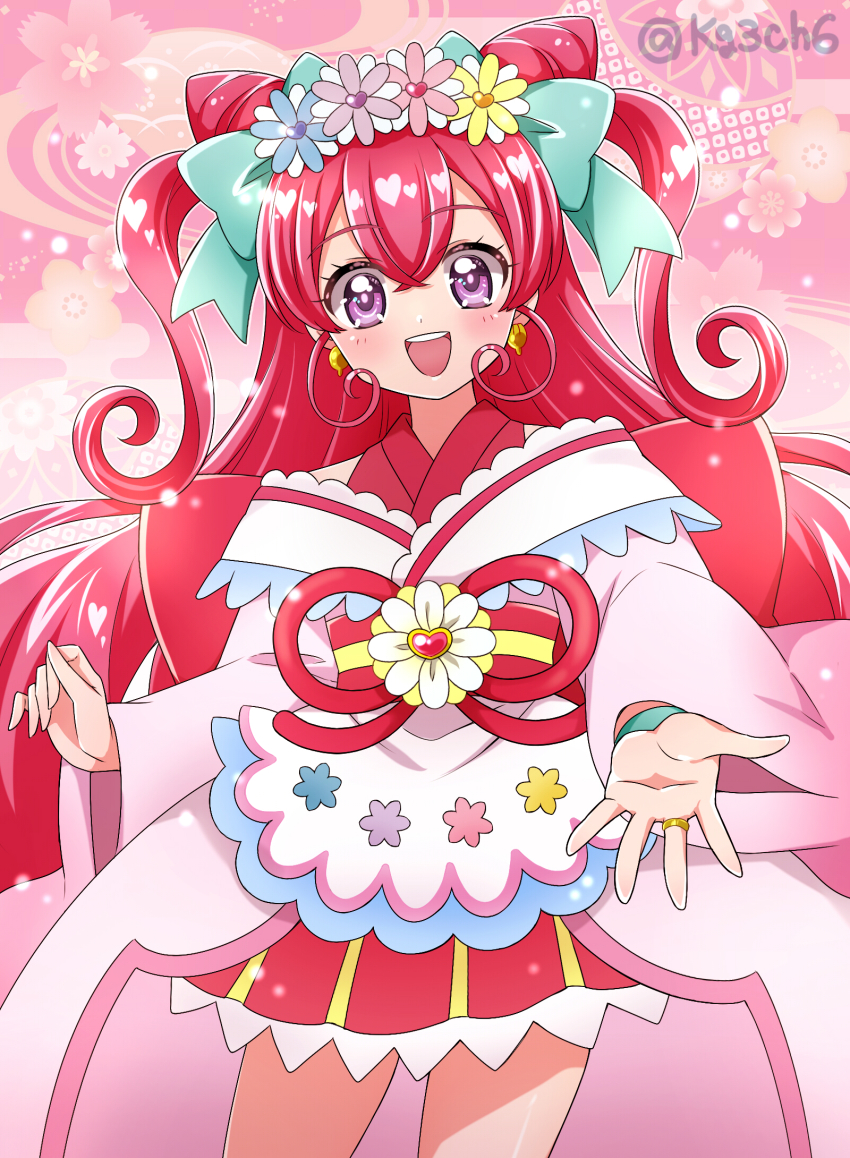 1girl, :d, abstract_background, apron, back_bow, blush, bow, cone_hair_bun, cowboy_shot, cure_precious, cure_precious_(party_up_style), delicious_party_precure, dot_nose, double_bun, earrings, flower, green_bow, hair_bow, hair_bun, highres, huge_bow, jewelry, kagami_chihiro, legs_apart, long_hair, looking_at_viewer, magical_girl, nagomi_yui, open_mouth, outstretched_hand, pink_background, pink_bow, pink_hair, pink_skirt, precure, purple_eyes, ring, shiny_skin, skirt, smile, solo, standing, two_side_up