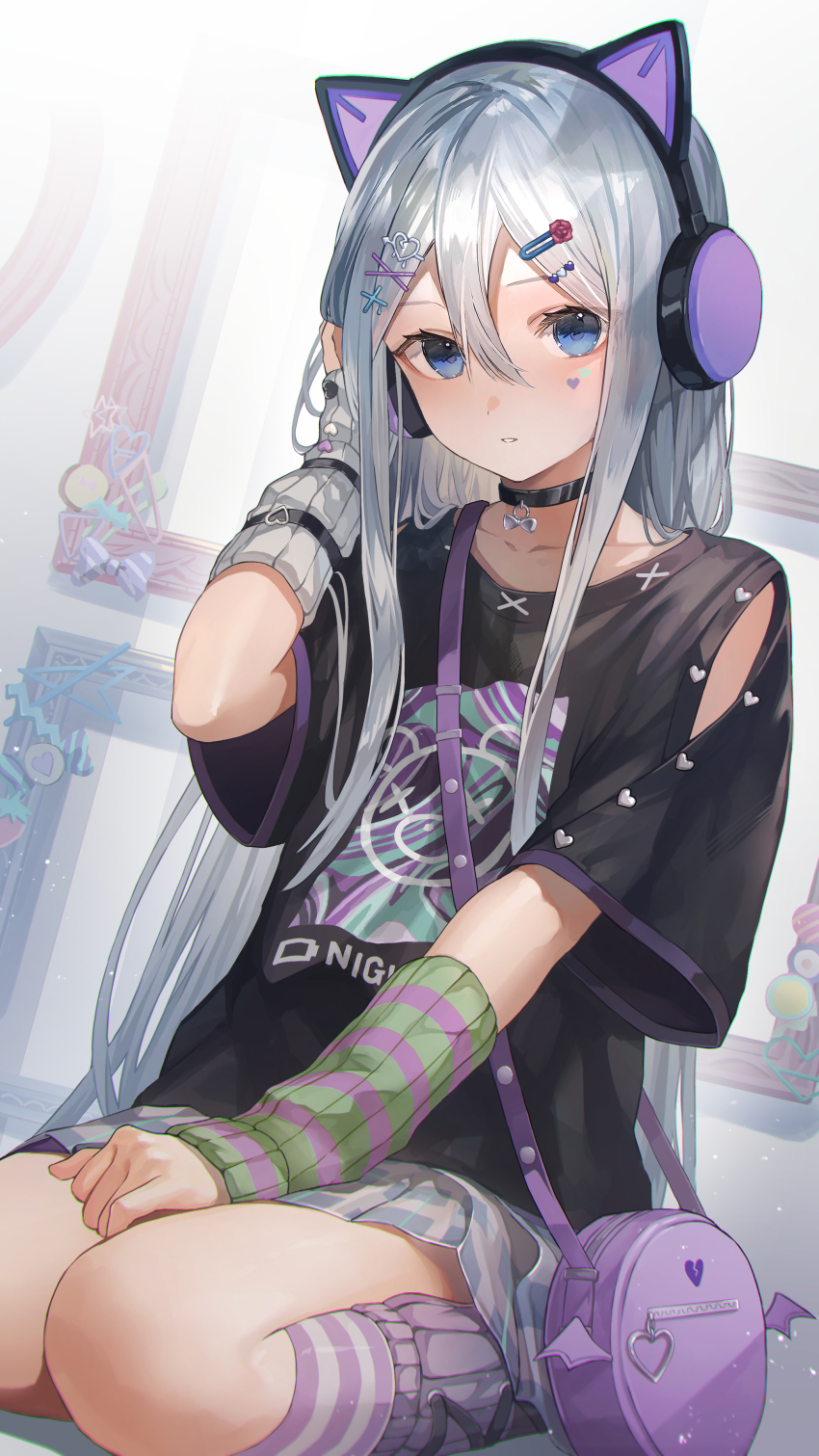 1girl, absurdres, animal_ear_headphones, animal_ears, arm_warmers, bag, black_choker, blue_eyes