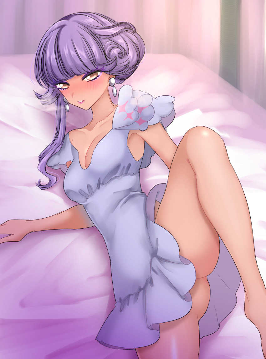 1girl, absurdres, asymmetrical_hair, barefoot, bed_sheet, blush, breasts, breath